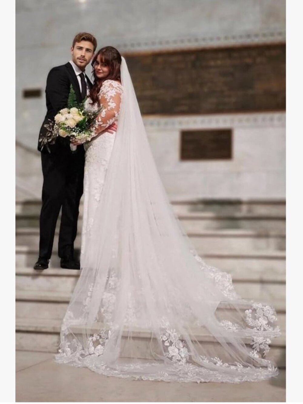 Cathedral Length Wedding Flower Lace Veil with Metal Comb